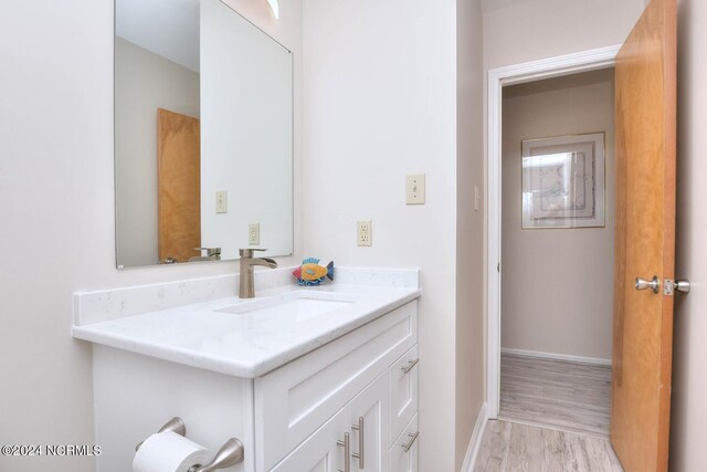 bathroom with large vanity and wood-type flooring