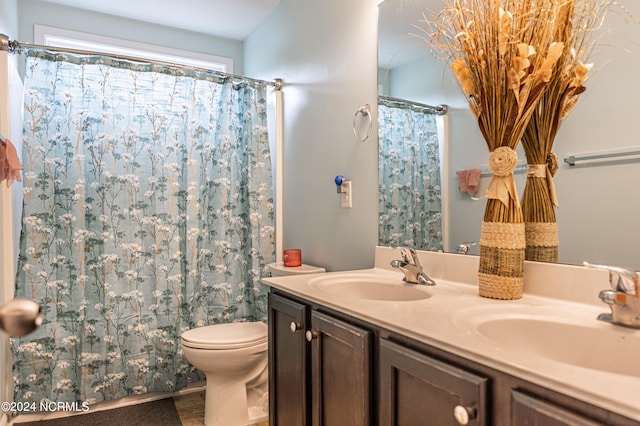 bathroom with curtained shower, vanity, and toilet