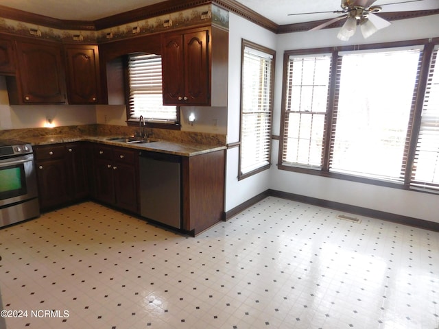 kitchen with ceiling fan, stainless steel appliances, sink, dark brown cabinets, and crown molding