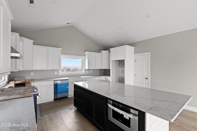 kitchen with dark cabinets, white cabinetry, a kitchen island, and dishwasher