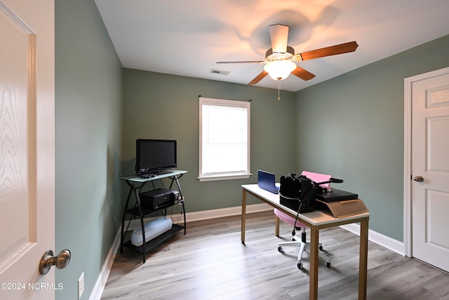 office area featuring ceiling fan and light hardwood / wood-style floors