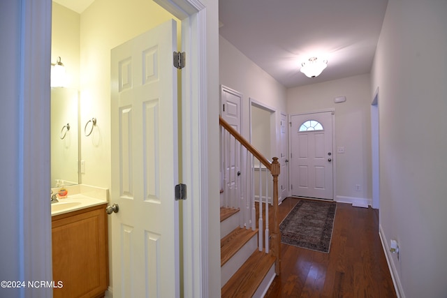 foyer entrance featuring sink and dark hardwood / wood-style flooring