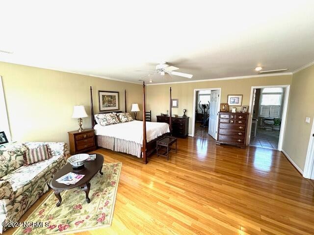 bedroom featuring ceiling fan, a walk in closet, ornamental molding, a closet, and light wood-type flooring