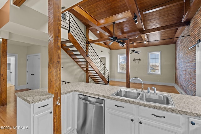 kitchen with white cabinets, brick wall, sink, wooden ceiling, and dishwasher