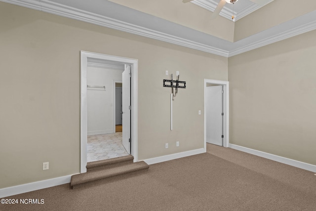 carpeted spare room with ceiling fan and ornamental molding