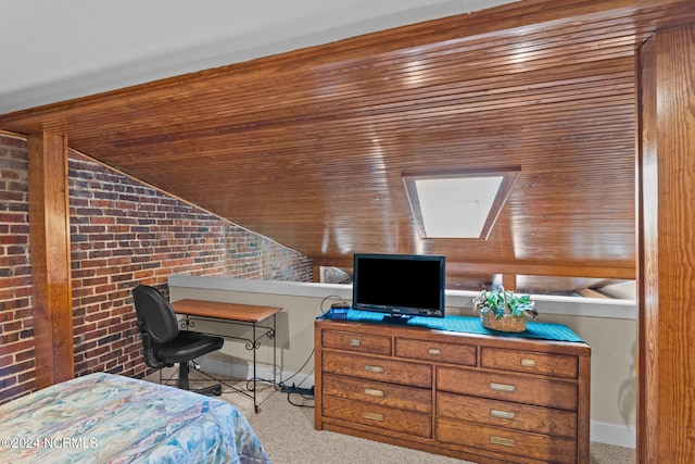 bedroom featuring wooden ceiling, light colored carpet, brick wall, and lofted ceiling