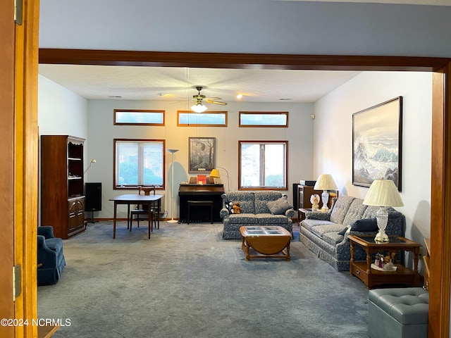 living room with carpet flooring and ceiling fan