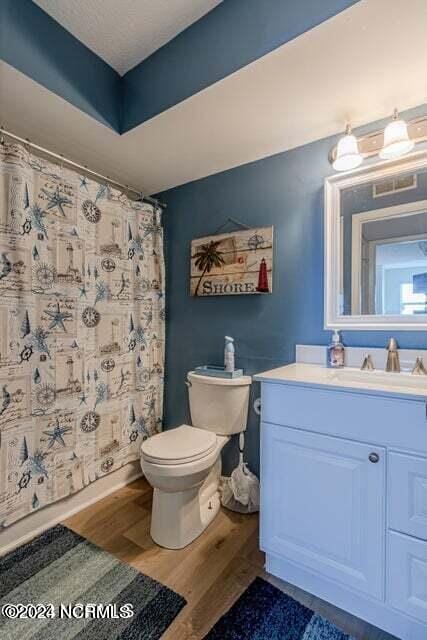 bathroom with toilet, vanity, and hardwood / wood-style flooring