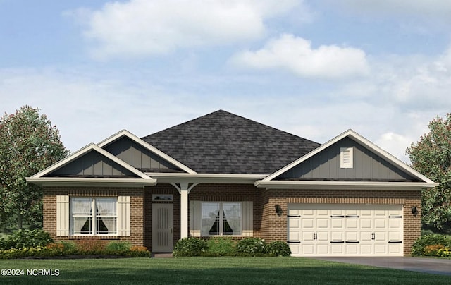 view of front of house with brick siding, roof with shingles, board and batten siding, a garage, and driveway