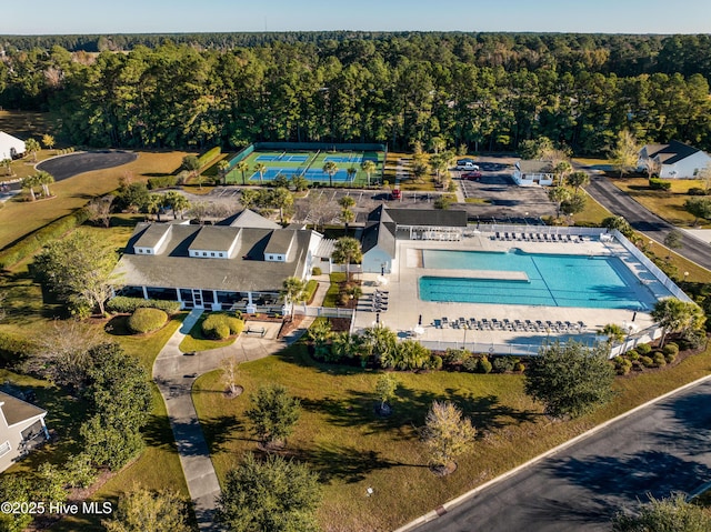 bird's eye view featuring a view of trees