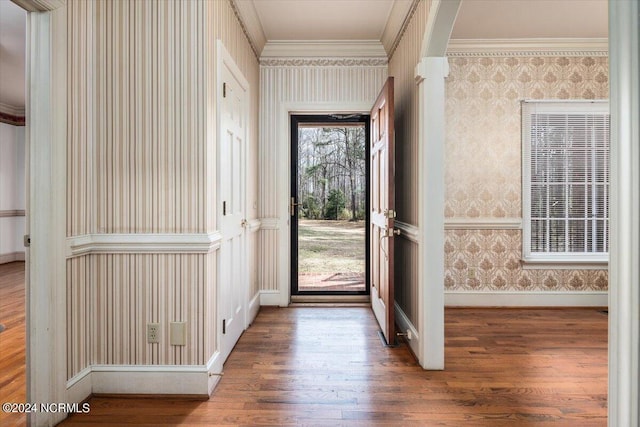 foyer featuring dark hardwood / wood-style floors and ornamental molding