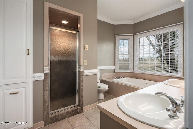 full bathroom with toilet, shower with separate bathtub, tile patterned floors, and ornamental molding