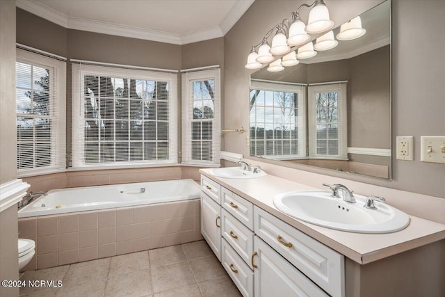 bathroom featuring tile patterned flooring, a relaxing tiled tub, crown molding, and a wealth of natural light