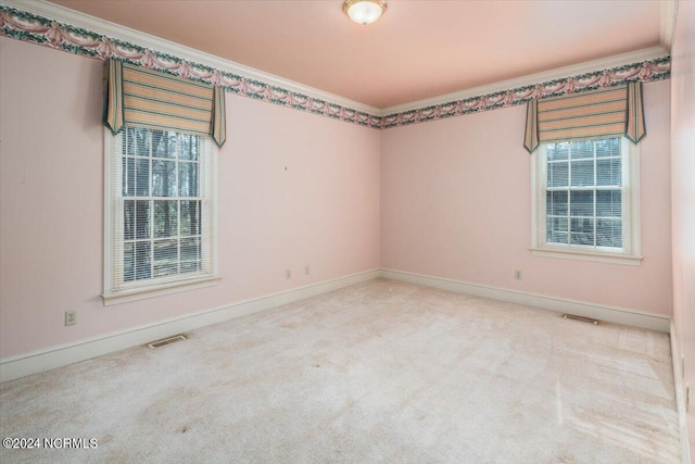 empty room with carpet flooring and ornamental molding