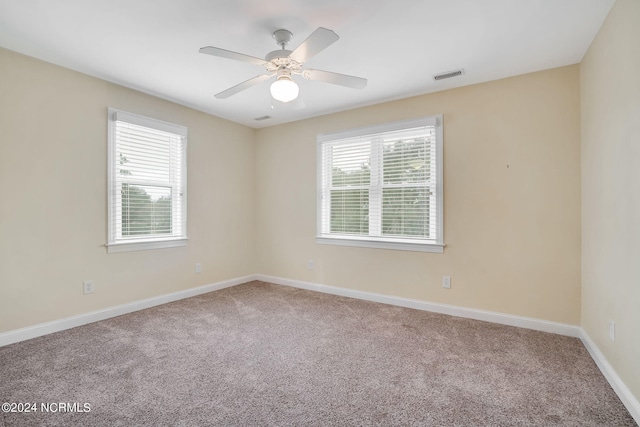 carpeted spare room with ceiling fan and a wealth of natural light