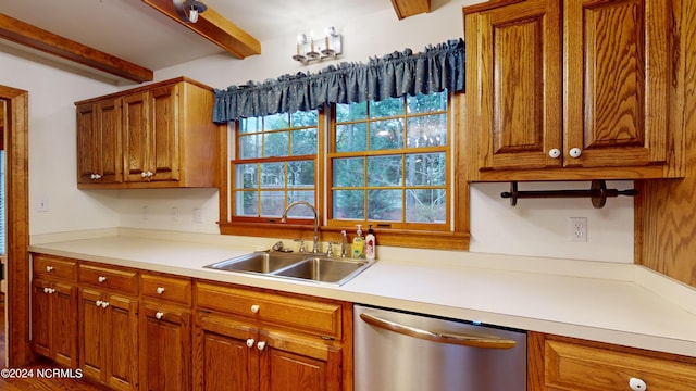 kitchen featuring sink, beamed ceiling, and dishwasher