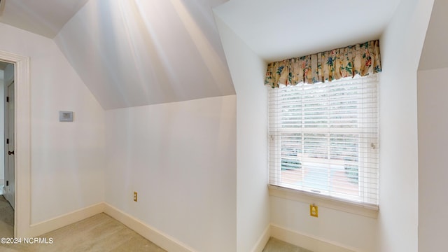 additional living space with plenty of natural light, light colored carpet, and lofted ceiling