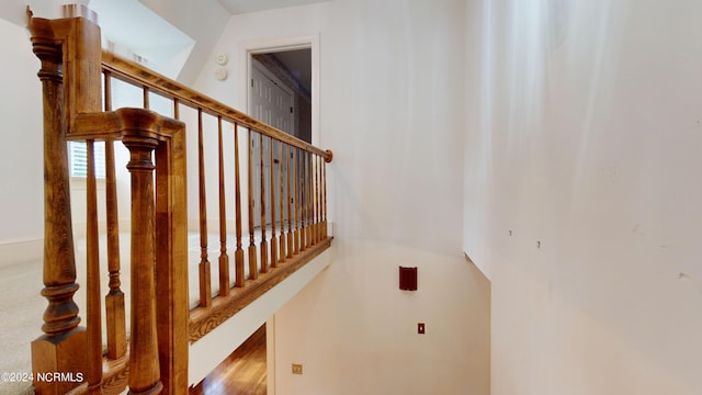 stairway featuring light colored carpet