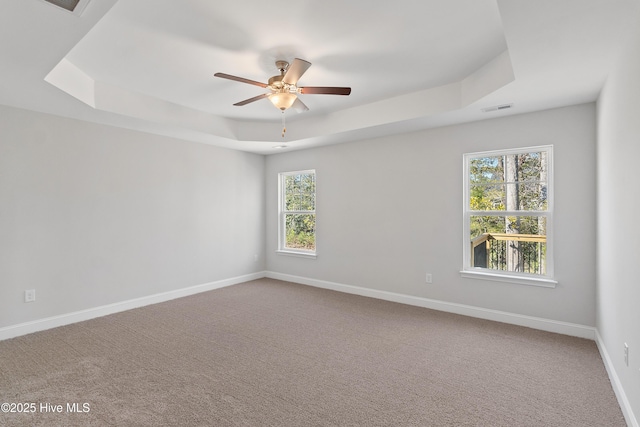 unfurnished room with a raised ceiling, carpet, and ceiling fan