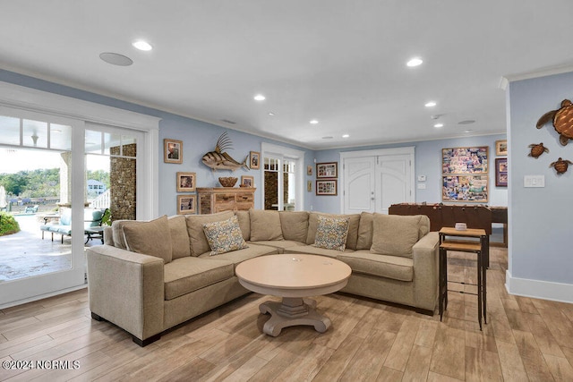 living room featuring ornamental molding and light hardwood / wood-style flooring