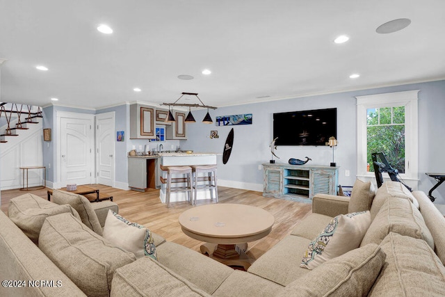 living room featuring crown molding and light wood-type flooring