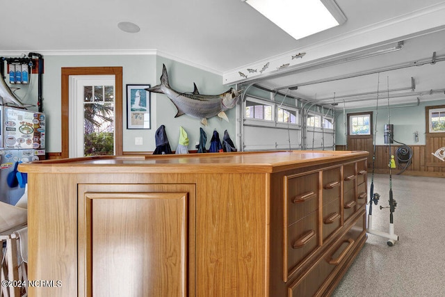 kitchen featuring carpet flooring, plenty of natural light, and wooden counters