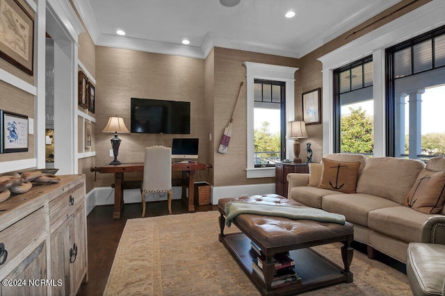 living room with dark wood-type flooring and ornamental molding