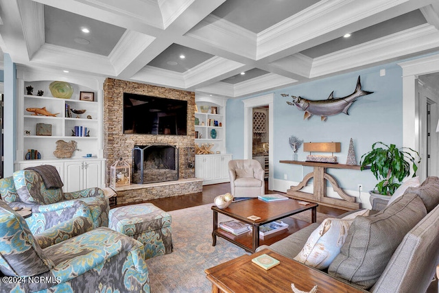 living room with dark wood-type flooring, beam ceiling, coffered ceiling, a fireplace, and built in shelves