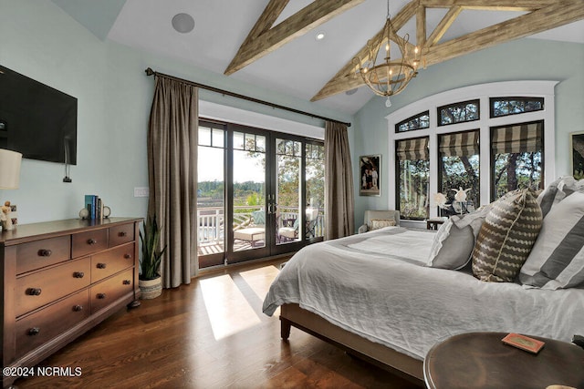 bedroom with access to exterior, vaulted ceiling with beams, an inviting chandelier, and dark hardwood / wood-style flooring