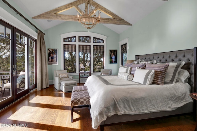 bedroom with a notable chandelier, multiple windows, access to exterior, and dark hardwood / wood-style flooring