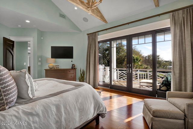 bedroom with french doors, vaulted ceiling with beams, access to exterior, and wood-type flooring