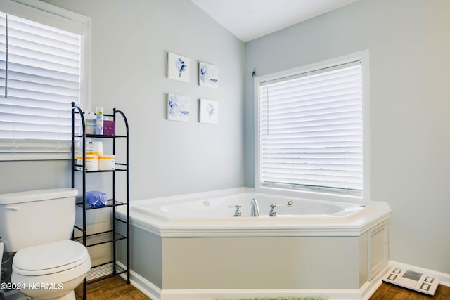 bathroom featuring wood-type flooring, toilet, and a bathtub