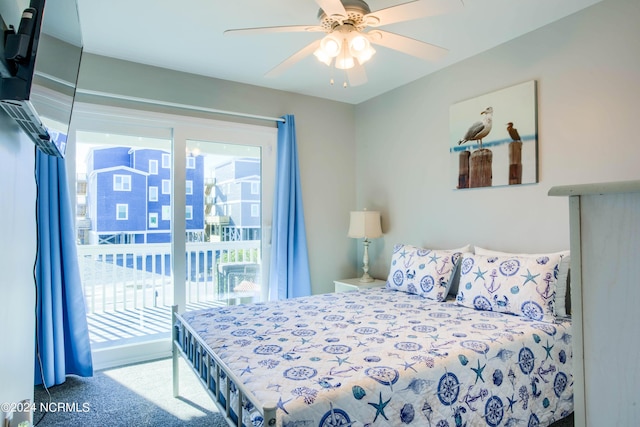 carpeted bedroom with ceiling fan and access to exterior