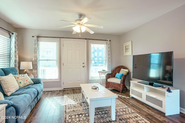 living room with a wealth of natural light, dark hardwood / wood-style flooring, and ceiling fan