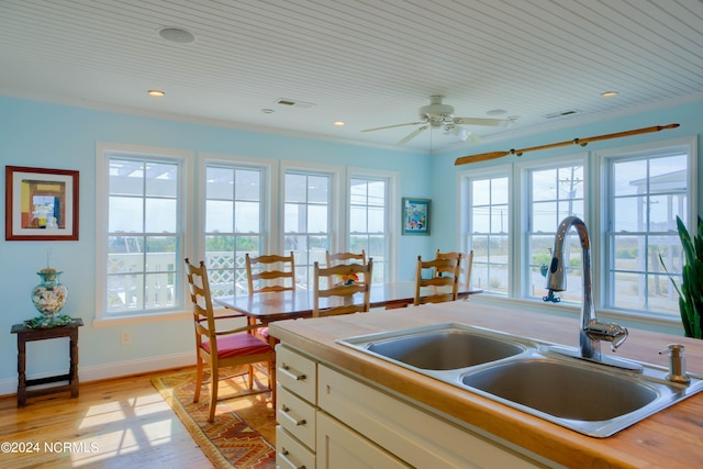 kitchen with light hardwood / wood-style floors, ornamental molding, sink, and plenty of natural light