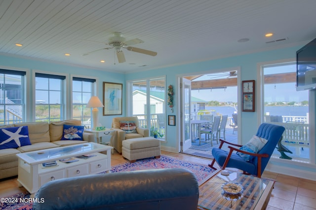 living room with wooden ceiling, a healthy amount of sunlight, light tile patterned flooring, and ceiling fan