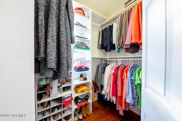 spacious closet featuring dark hardwood / wood-style floors