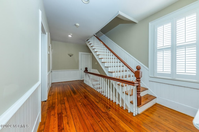 staircase with wood-type flooring