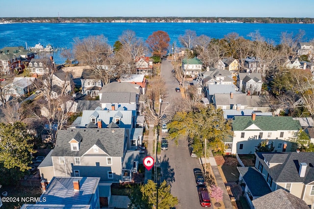 drone / aerial view featuring a water view