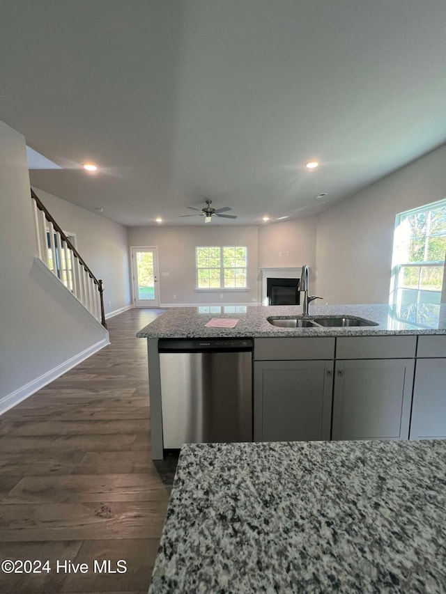 kitchen featuring a wealth of natural light, dishwasher, dark wood-type flooring, and sink