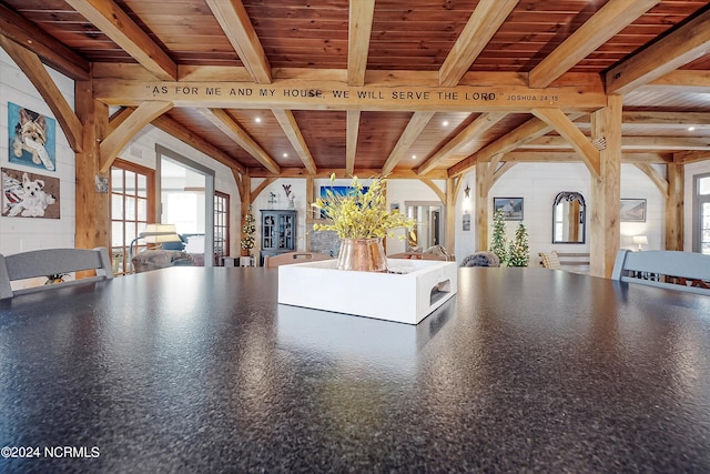 interior space with beamed ceiling and wooden ceiling