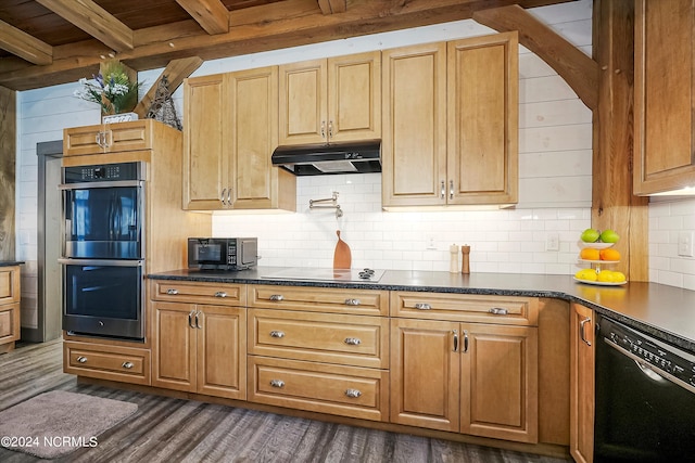 kitchen with black appliances, dark wood-type flooring, dark stone counters, beam ceiling, and tasteful backsplash