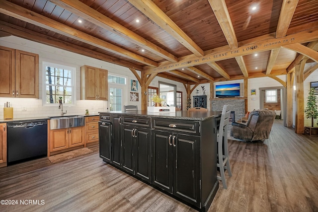 kitchen with dishwasher, wood ceiling, and hardwood / wood-style flooring