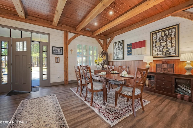 dining area with plenty of natural light, dark hardwood / wood-style floors, and wood ceiling