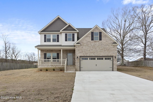 craftsman inspired home featuring a garage, brick siding, covered porch, and concrete driveway