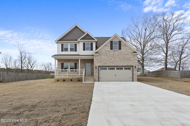 craftsman house with fence, board and batten siding, covered porch, concrete driveway, and brick siding