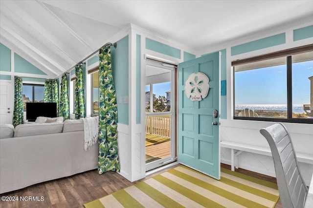 entryway featuring lofted ceiling and hardwood / wood-style floors