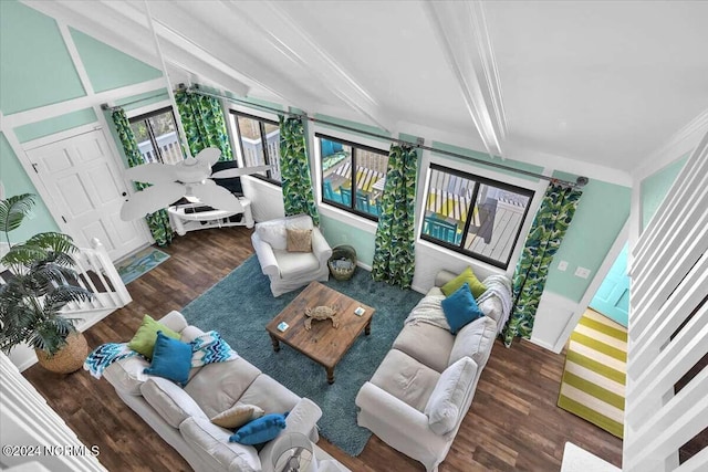 living room featuring dark hardwood / wood-style flooring and beam ceiling