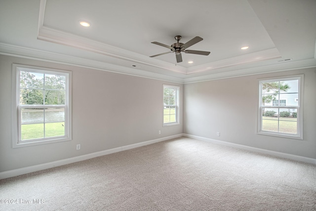 carpeted empty room featuring a tray ceiling, a wealth of natural light, and ceiling fan