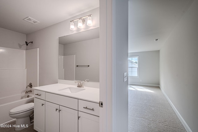 full bathroom with vanity, bathing tub / shower combination, and toilet